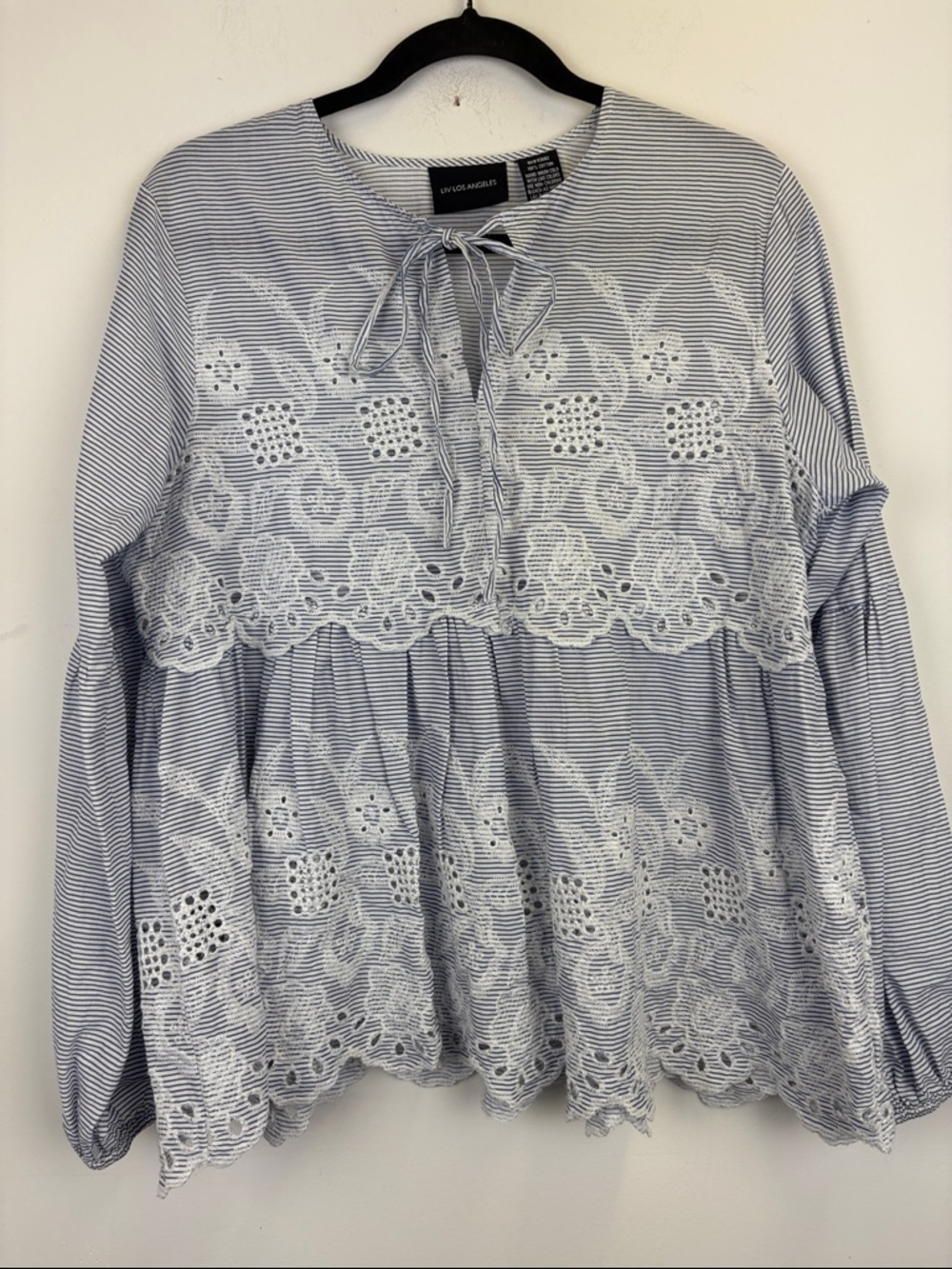 LIV Boho Embroidered Peasant Top Blue Stripe Tassel Blouse Festival Medium